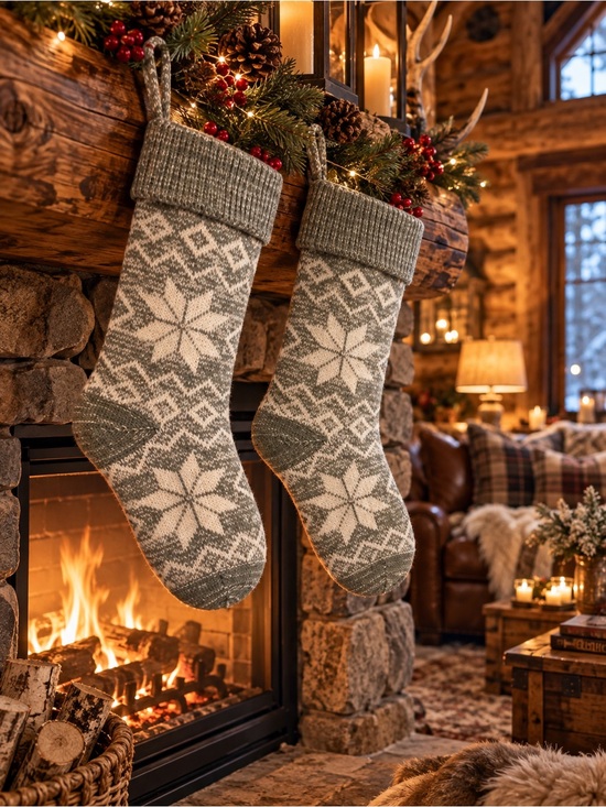 Other - Cozy Nordic Snowflake Holiday Stockings - Gray & White